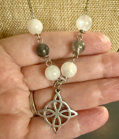 Witch’s Knot Charm Pendant Necklace with Labradorite and Moonstone Beads.