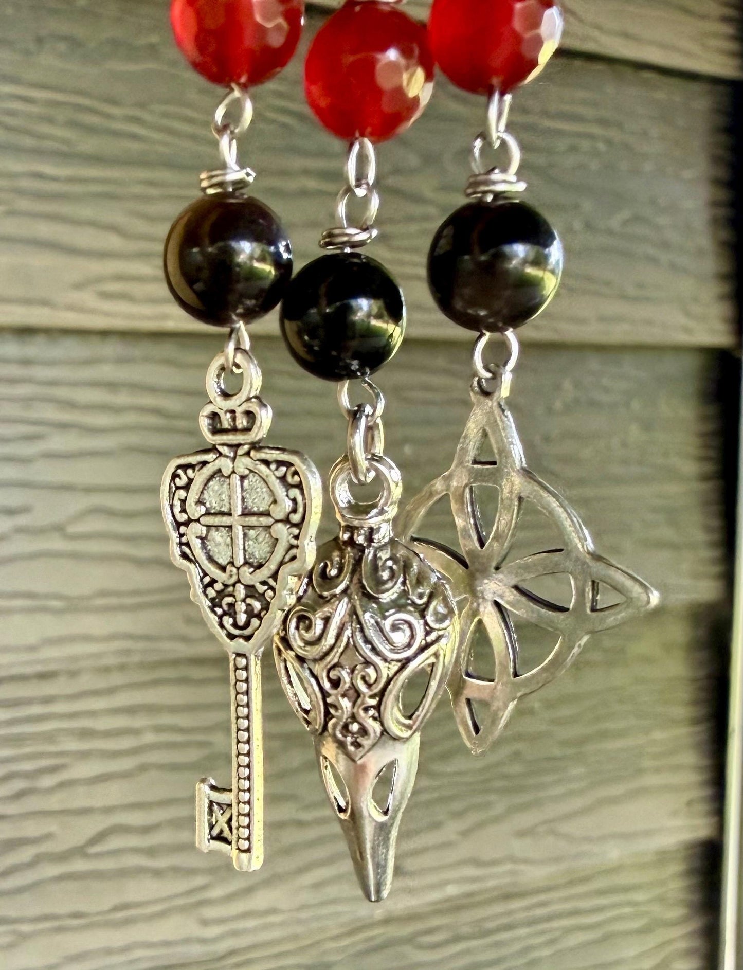 Witchy Car Charm Accessory:  Carnelian, Obsidian Beads with Crow Skull, Witch’s Knot, and Key Charms.