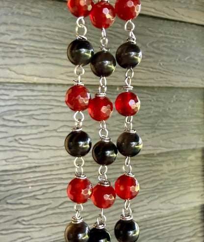 Witchy Car Charm Accessory:  Carnelian, Obsidian Beads with Crow Skull, Witch’s Knot, and Key Charms.