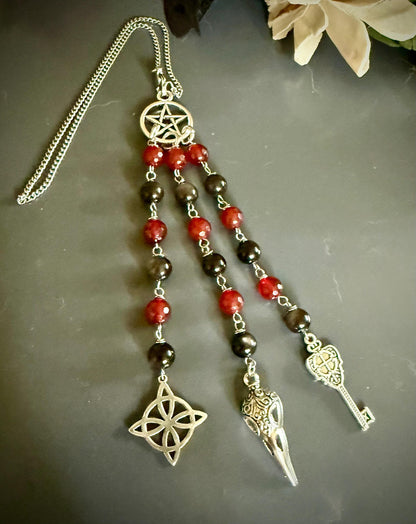 Witchy Car Charm Accessory:  Carnelian, Obsidian Beads with Crow Skull, Witch’s Knot, and Key Charms.