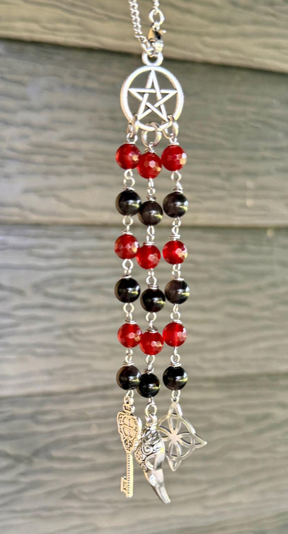 Witchy Car Charm Accessory:  Carnelian, Obsidian Beads with Crow Skull, Witch’s Knot, and Key Charms.