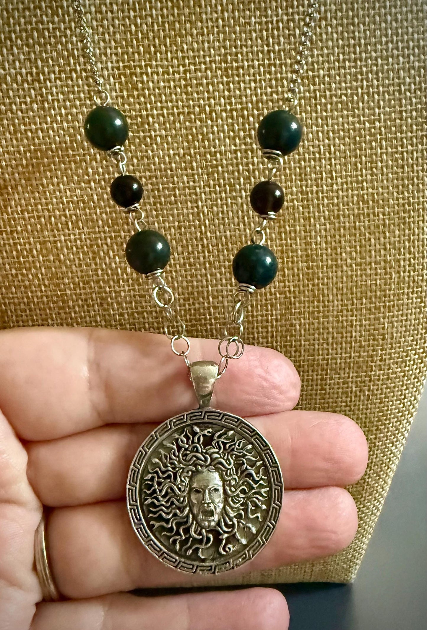 Medusa Pendant Necklace with Moss Agate and Obsidian Beads.