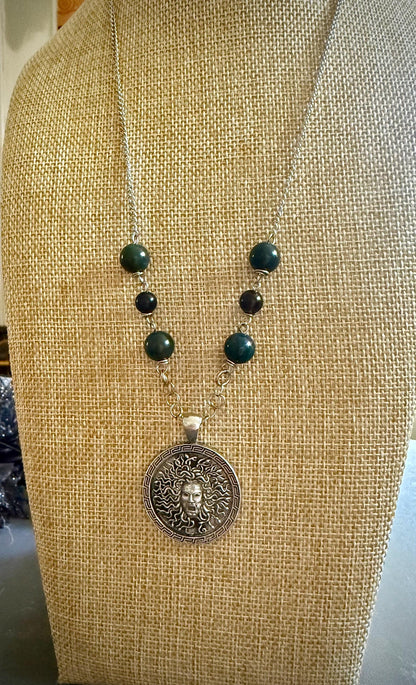 Medusa Pendant Necklace with Moss Agate and Obsidian Beads.