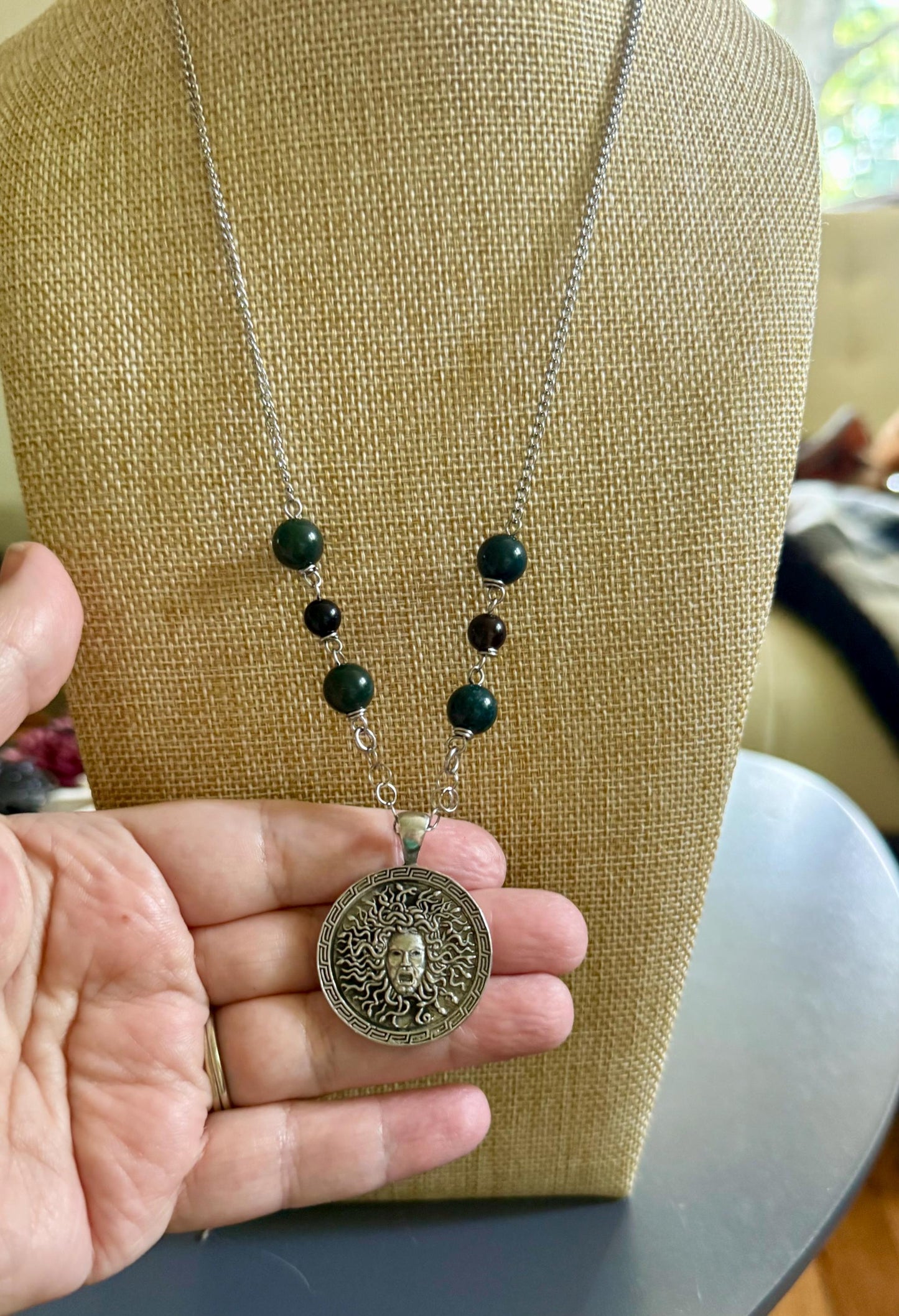 Medusa Pendant Necklace with Moss Agate and Obsidian Beads.