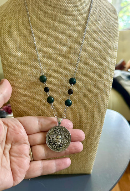 Medusa Pendant Necklace with Moss Agate and Obsidian Beads.
