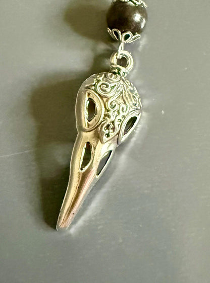 Morrigan Celtic Goddess Prayer Beads: Carnelian, Moss Agate, Obsidian, Crow Skull, and Triquetra Charm.