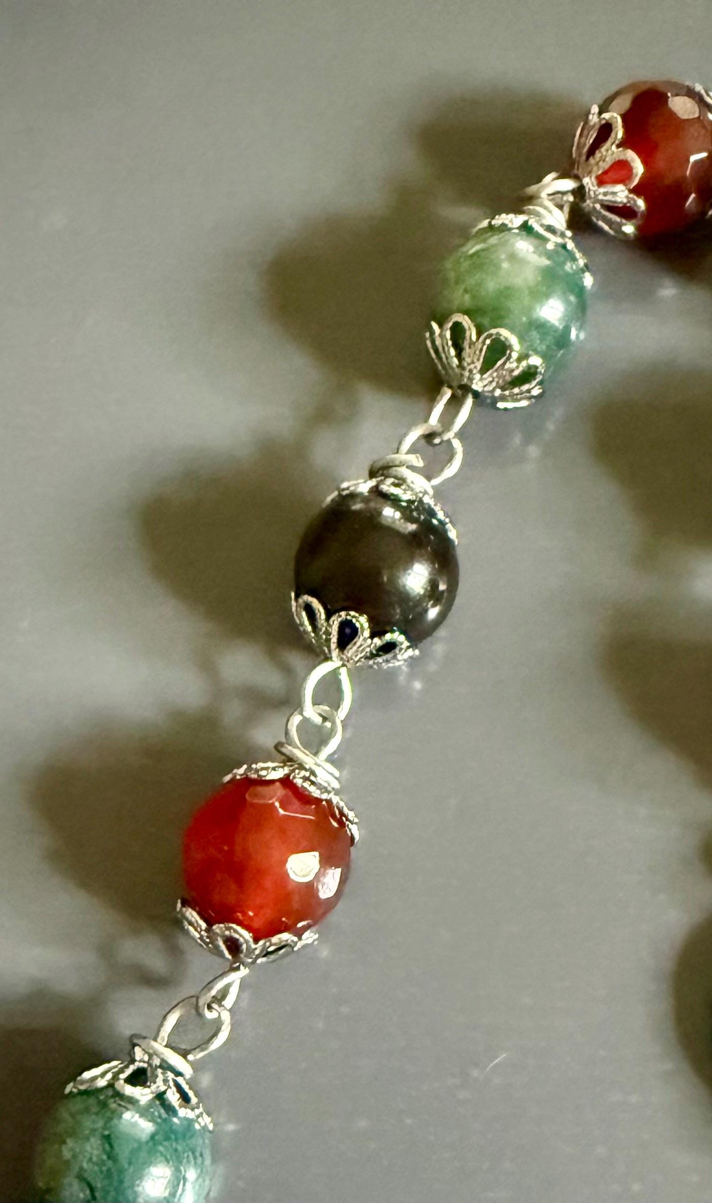 Morrigan Celtic Goddess Prayer Beads: Carnelian, Moss Agate, Obsidian, Crow Skull, and Triquetra Charm.