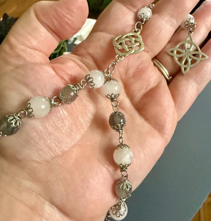 Labradorite Moonstone Witch’s Rosary:  Witch’s Knot Charm.