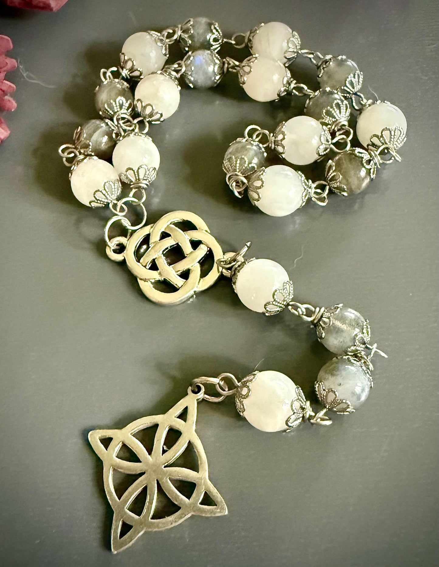 Labradorite Moonstone Witch’s Rosary:  Witch’s Knot Charm.