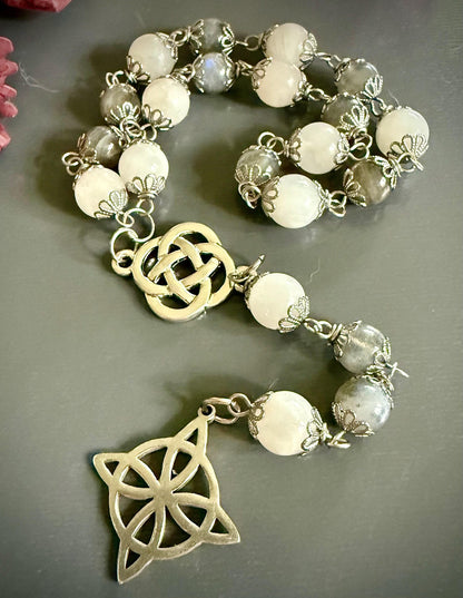 Labradorite Moonstone Witch’s Rosary:  Witch’s Knot Charm.
