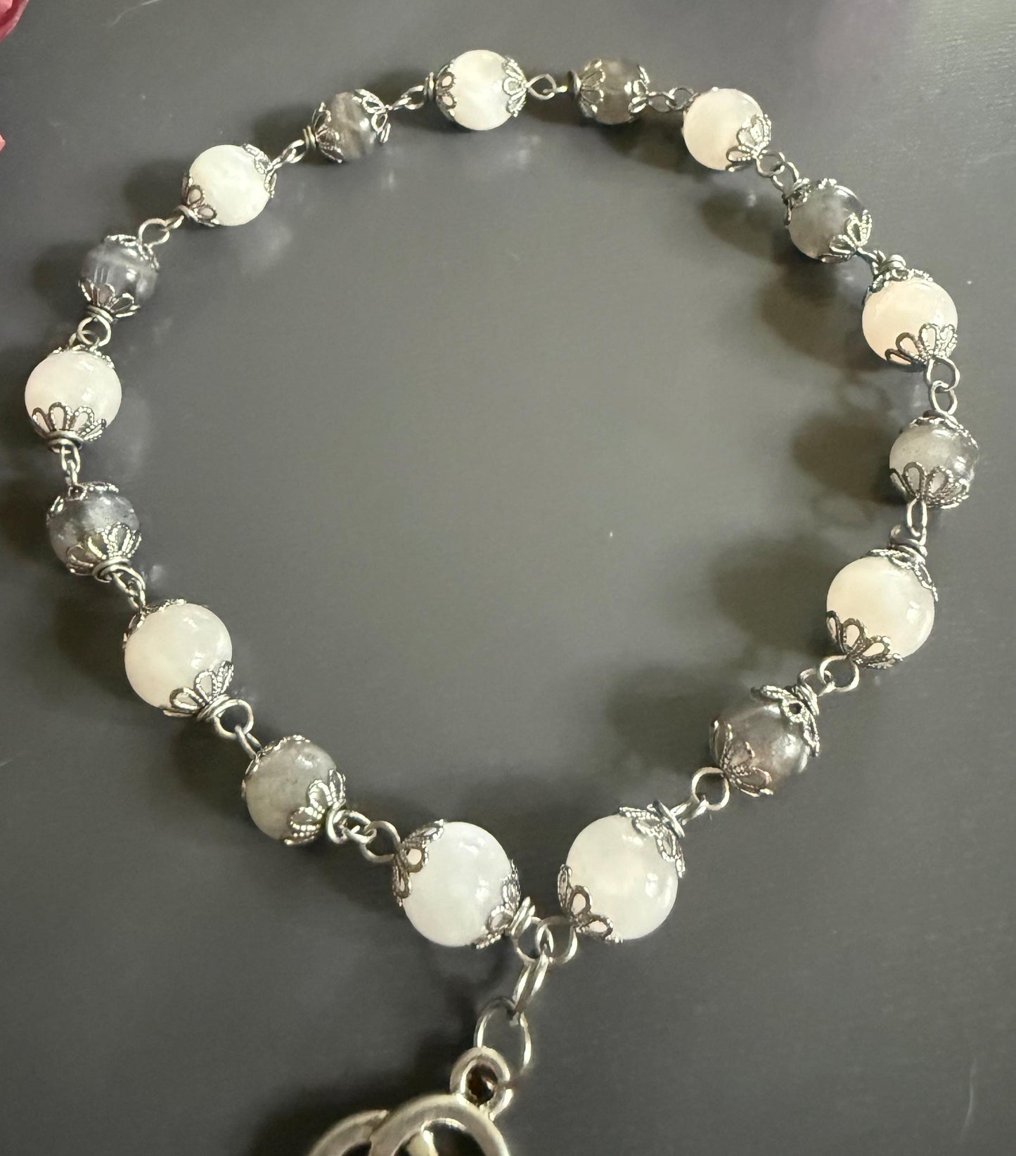 Labradorite Moonstone Witch’s Rosary:  Witch’s Knot Charm.