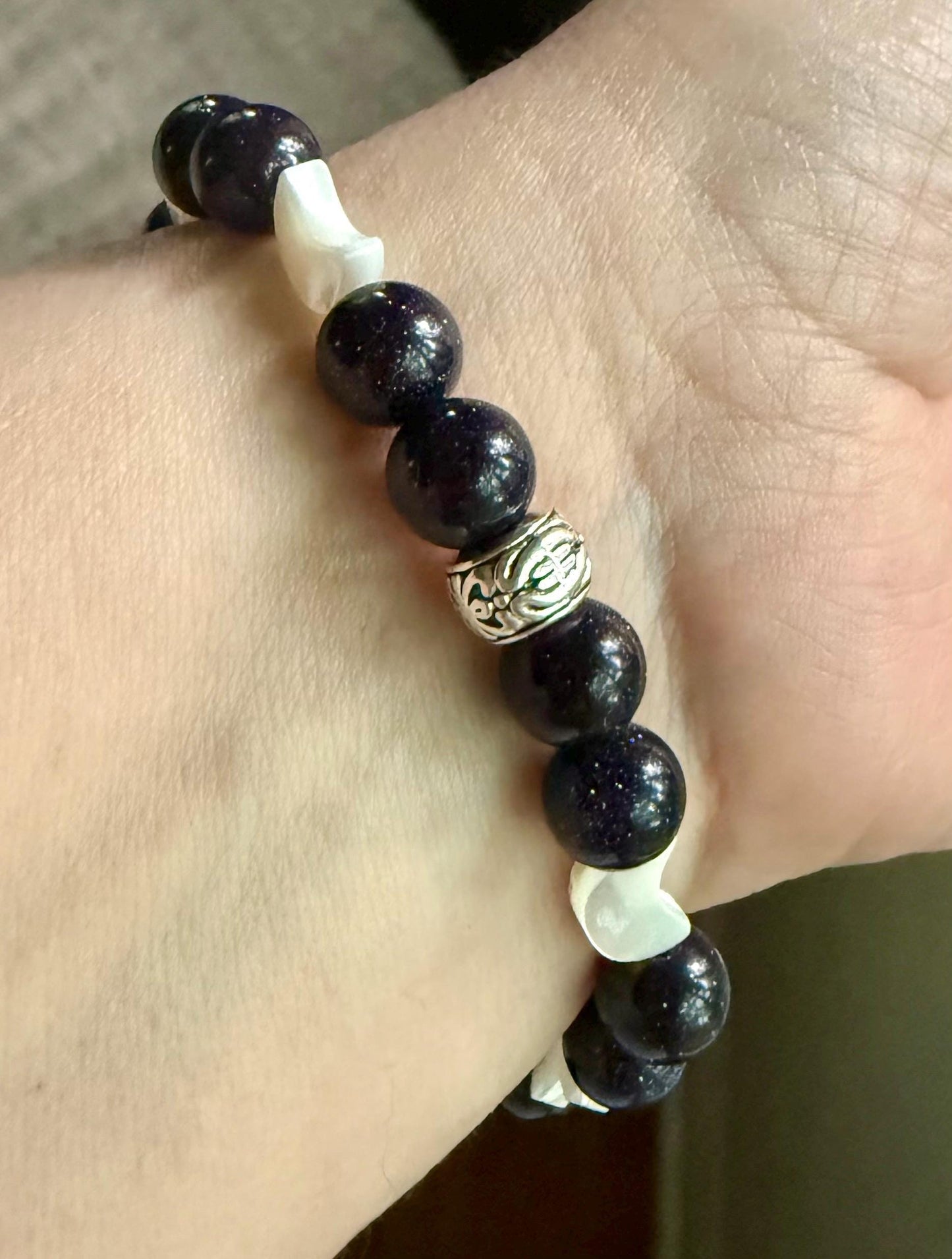 Blue Sandstone and Crescent Moon Nyx Devotional Beaded Bracelet.
