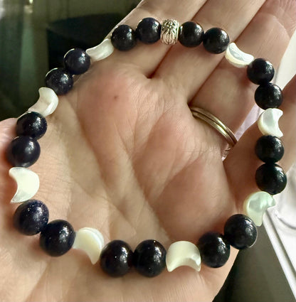 Blue Sandstone and Crescent Moon Nyx Devotional Beaded Bracelet.