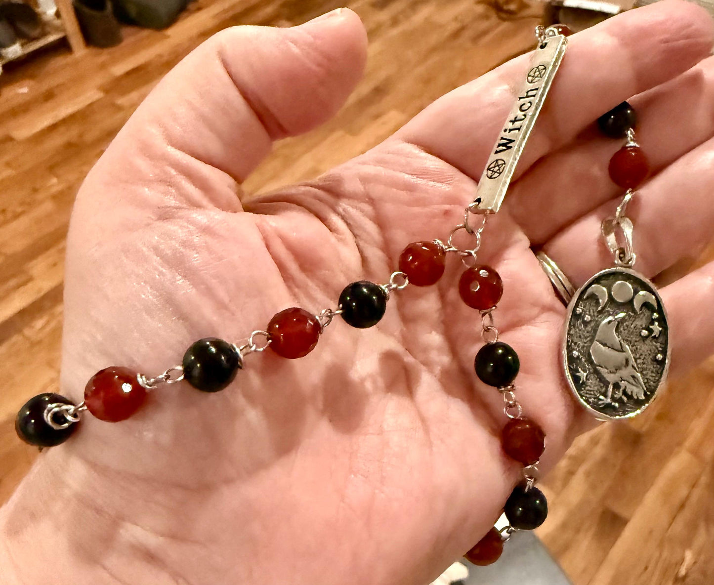 Witch’s Rosary with Carnelian, Obsidian, and Raven Charm.
