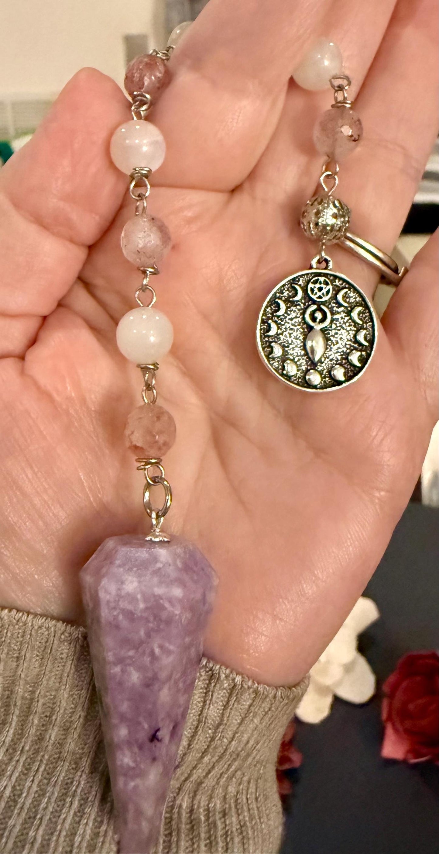 Handmade Lepidolite Pendulum with Stawberry Quartz, Moonstone Beads, and Moon Goddess Charm.
