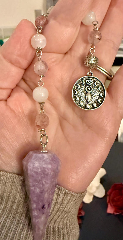 Handmade Lepidolite Pendulum with Stawberry Quartz, Moonstone Beads, and Moon Goddess Charm.