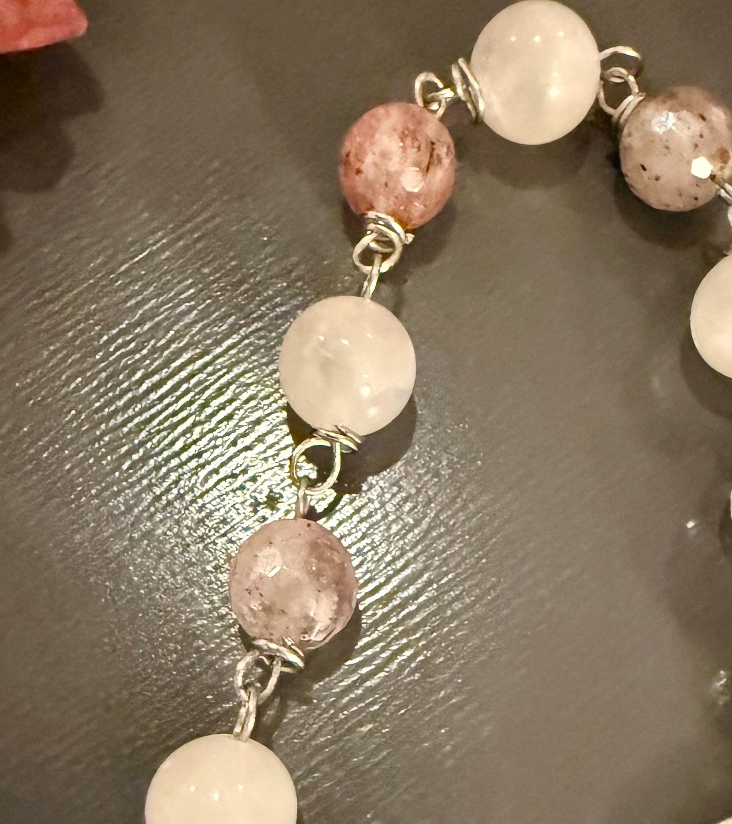 Handmade Lepidolite Pendulum with Stawberry Quartz, Moonstone Beads, and Moon Goddess Charm.