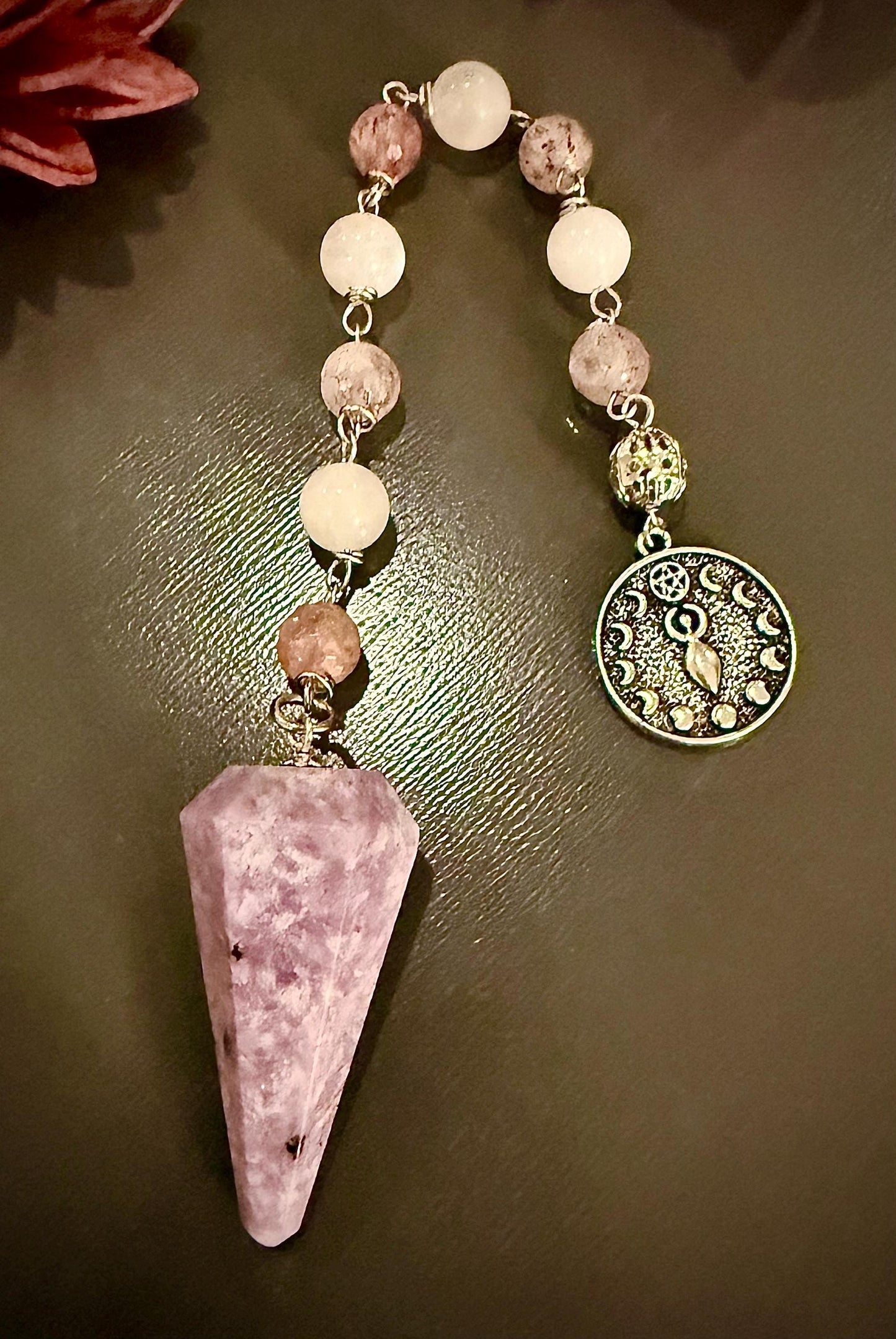 Handmade Lepidolite Pendulum with Stawberry Quartz, Moonstone Beads, and Moon Goddess Charm.