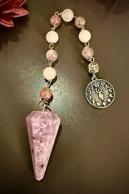 Handmade Lepidolite Pendulum with Stawberry Quartz, Moonstone Beads, and Moon Goddess Charm.