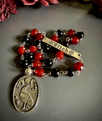 Witch’s Rosary with Carnelian, Obsidian, and Raven Charm.