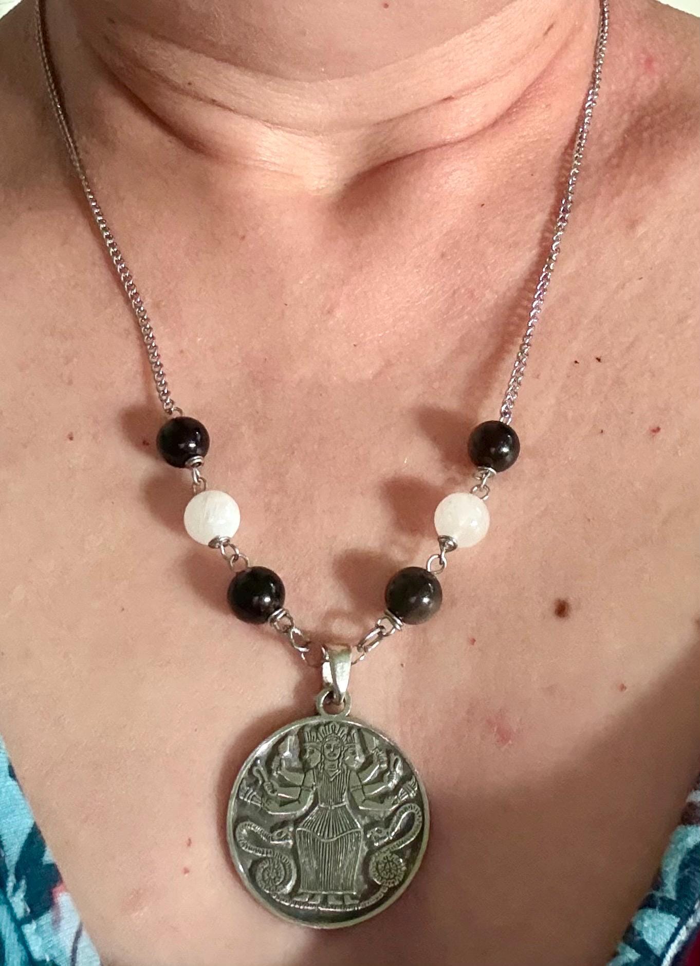 Triple Goddess Hekate Pendant Necklace with Obsidian and Moonstone Beads.