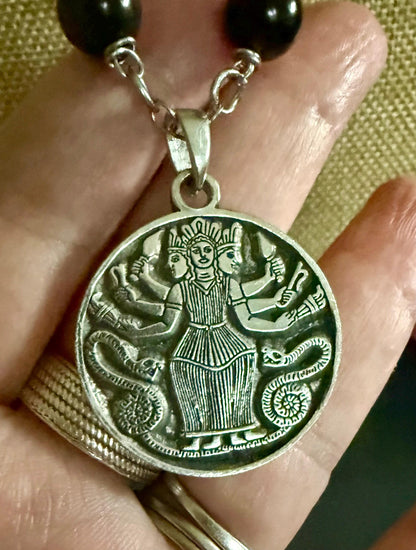 Triple Goddess Hekate Pendant Necklace with Obsidian and Moonstone Beads.