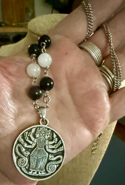 Triple Goddess Hekate Pendant Necklace with Obsidian and Moonstone Beads.