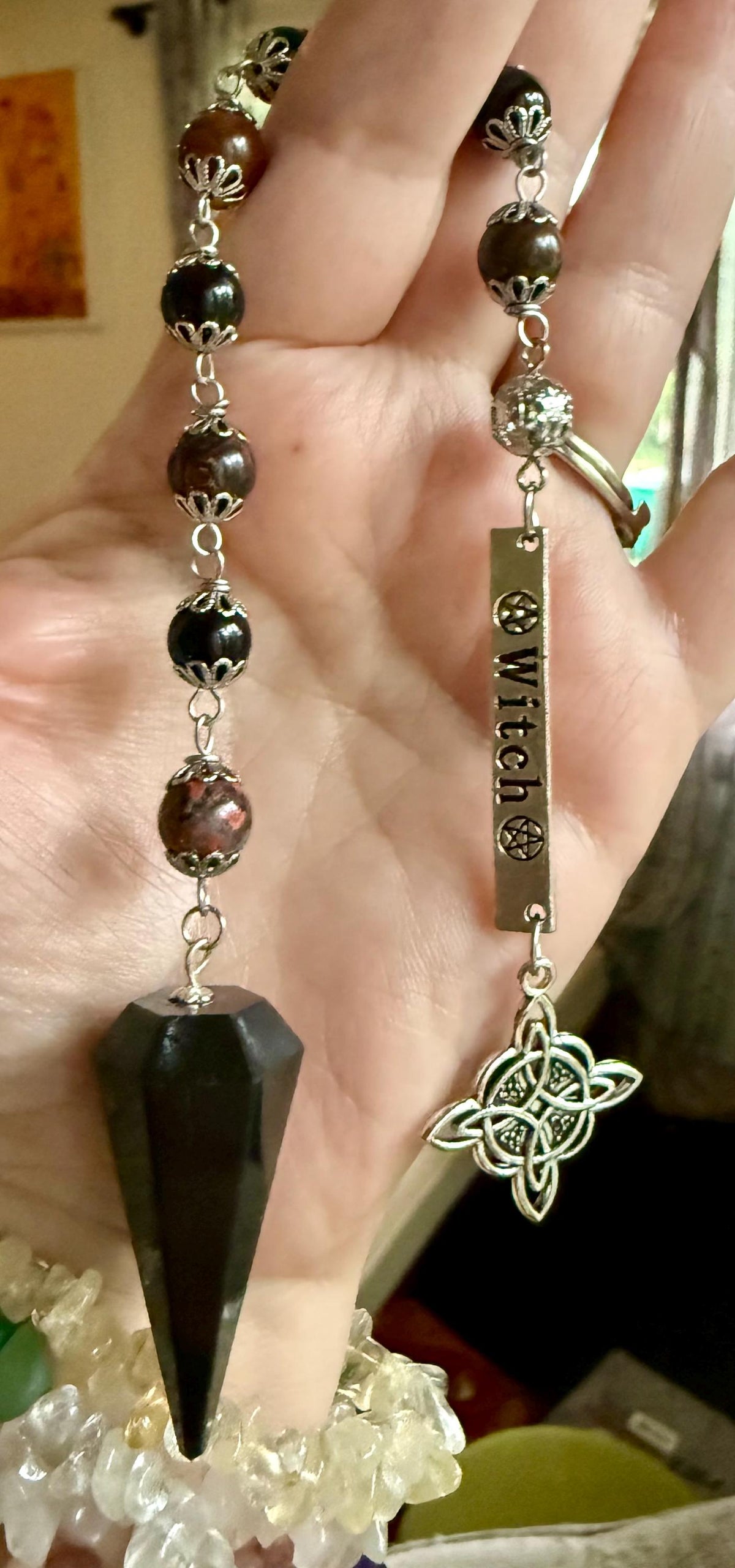 Tourmaline Point Pendulum with Red Brecciated Jasper, Obsidian, and Witch’s Knot Charm.