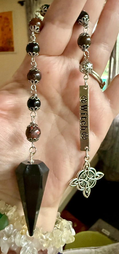 Tourmaline Point Pendulum with Red Brecciated Jasper, Obsidian, and Witch’s Knot Charm.
