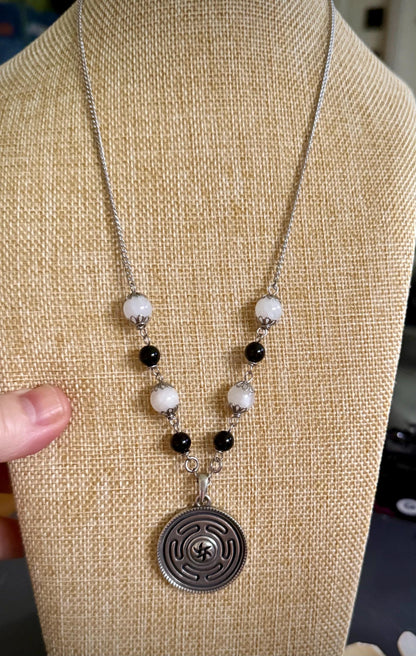 Hekate’s Wheel Strophalos Pendant Necklace with Obsidian and Moonstone Beads.