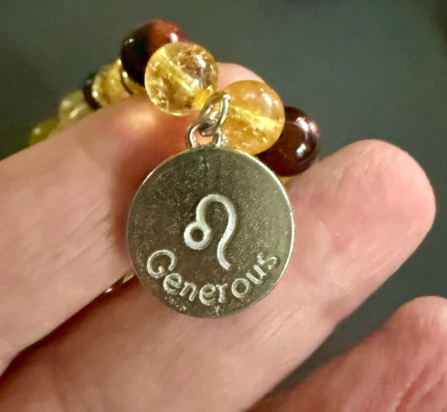 Leo Zodiac Charm Bracelet with Citrine and Red Tiger’s Eye Beads.