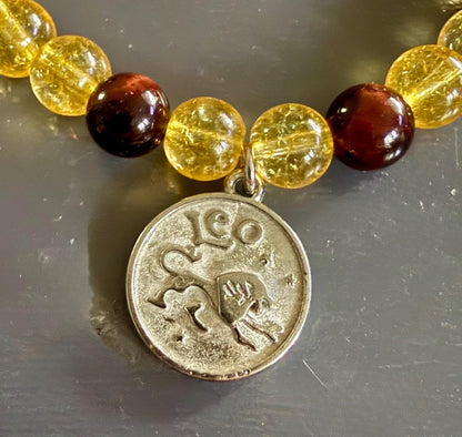 Leo Zodiac Charm Bracelet with Citrine and Red Tiger’s Eye Beads.
