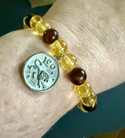Leo Zodiac Charm Bracelet with Citrine and Red Tiger’s Eye Beads.