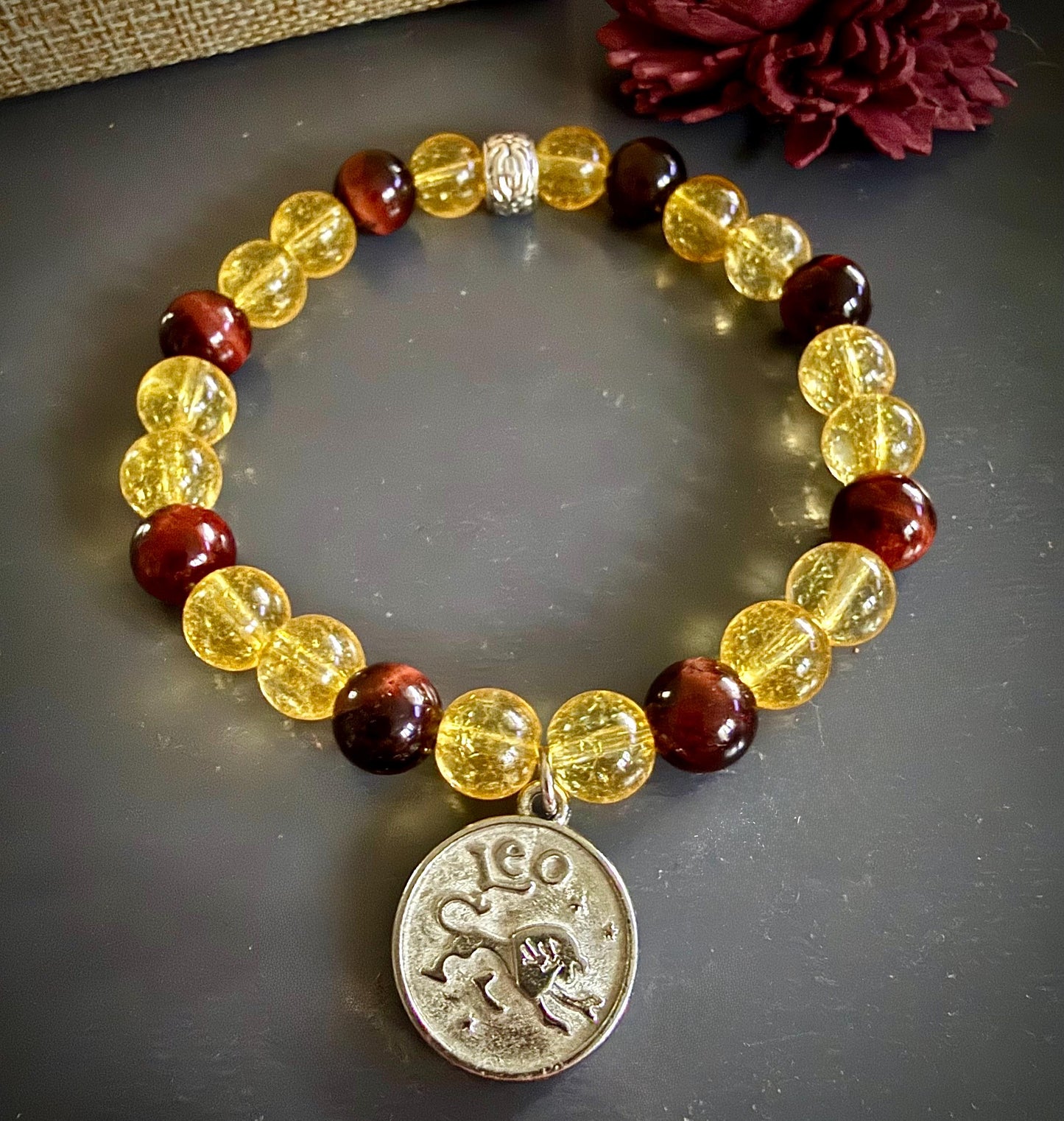 Leo Zodiac Charm Bracelet with Citrine and Red Tiger’s Eye Beads.