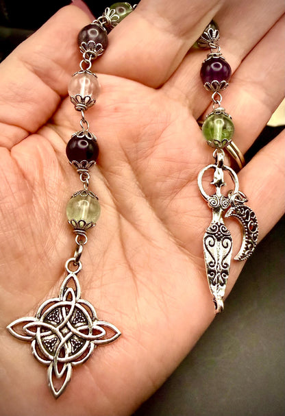 Rainbow Flourite Pagan or Witchcraft Prayer Beads with Goddess and Crescent Moon Charm.