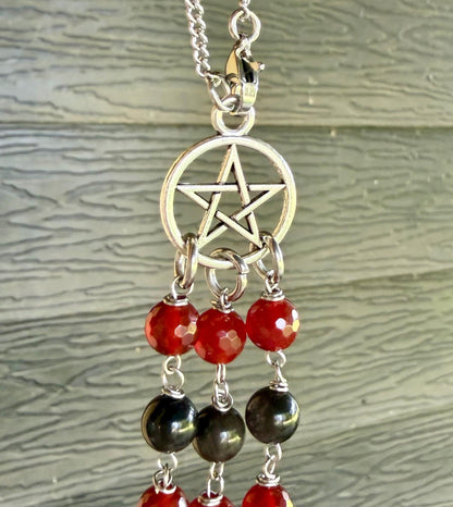 Witchy Car Charm Accessory:  Carnelian, Obsidian Beads with Crow Skull, Witch’s Knot, and Key Charms.