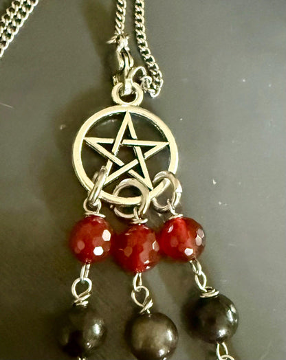 Witchy Car Charm Accessory:  Carnelian, Obsidian Beads with Crow Skull, Witch’s Knot, and Key Charms.