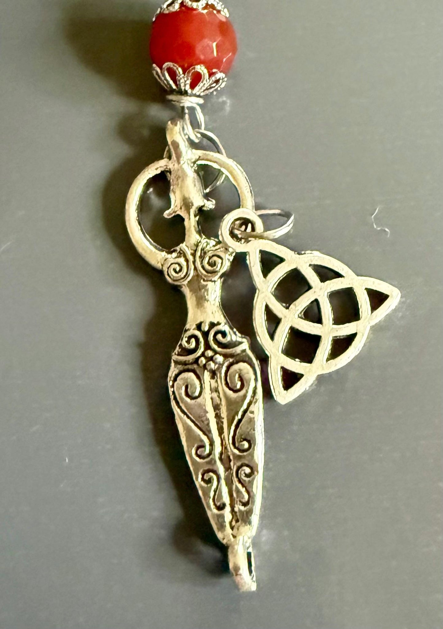 Morrigan Celtic Goddess Prayer Beads: Carnelian, Moss Agate, Obsidian, Crow Skull, and Triquetra Charm.