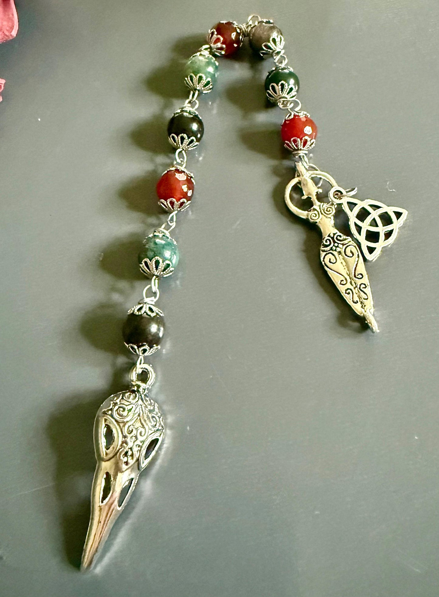 Morrigan Celtic Goddess Prayer Beads: Carnelian, Moss Agate, Obsidian, Crow Skull, and Triquetra Charm.