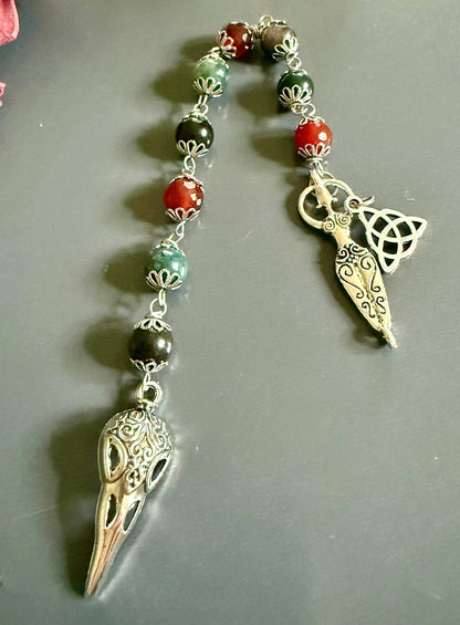 Morrigan Celtic Goddess Prayer Beads: Carnelian, Moss Agate, Obsidian, Crow Skull, and Triquetra Charm.