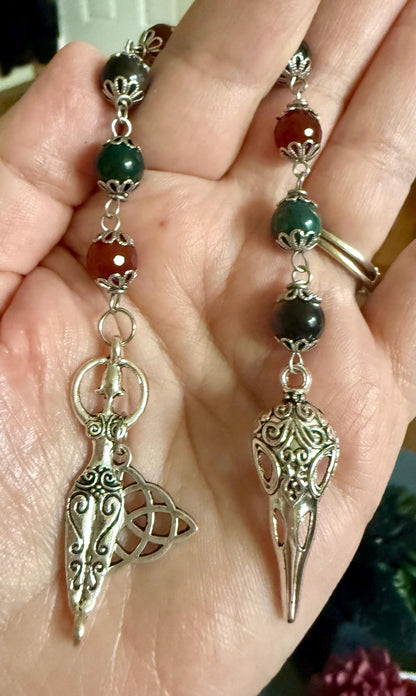 Morrigan Celtic Goddess Prayer Beads: Carnelian, Moss Agate, Obsidian, Crow Skull, and Triquetra Charm.