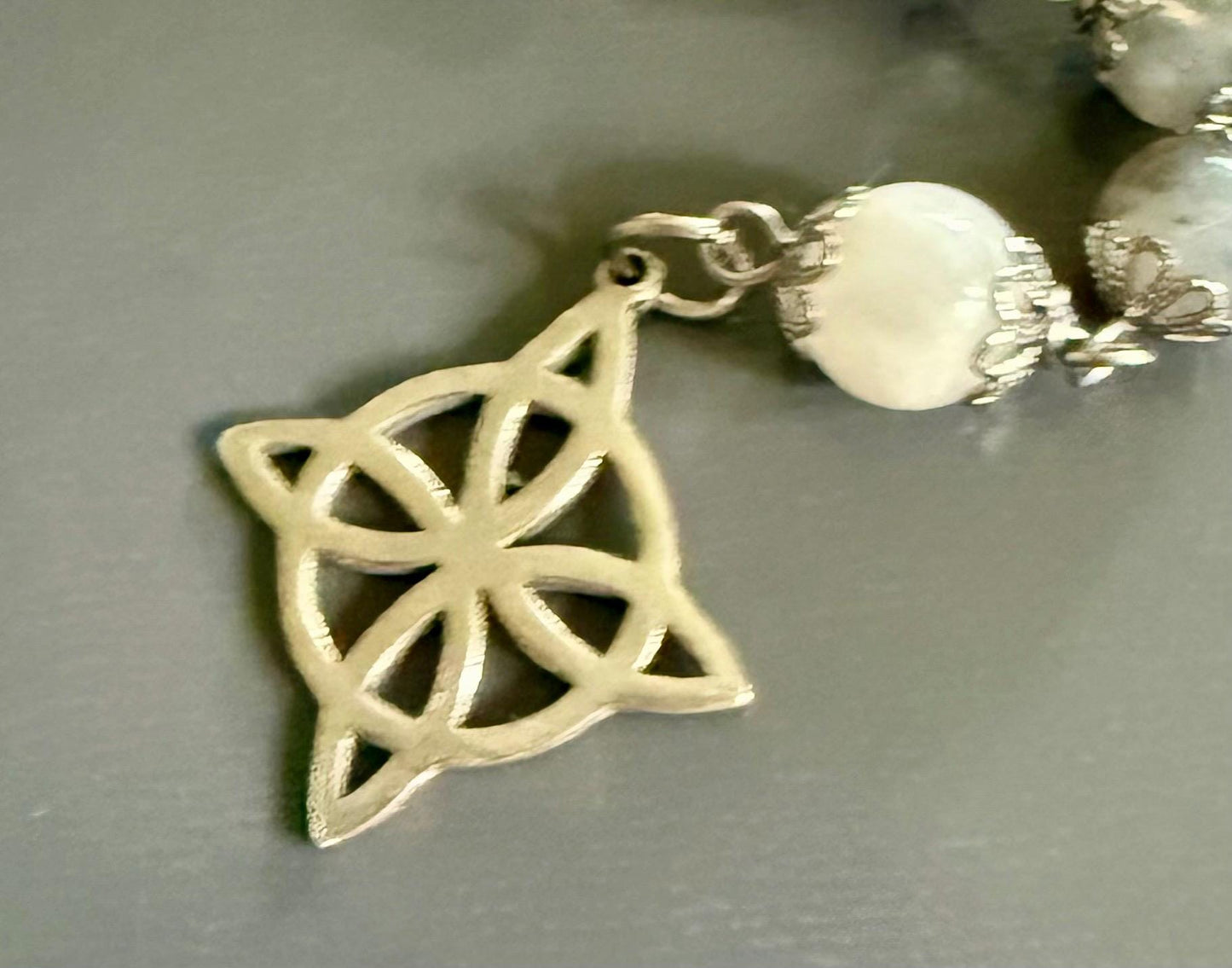 Labradorite Moonstone Witch’s Rosary:  Witch’s Knot Charm.