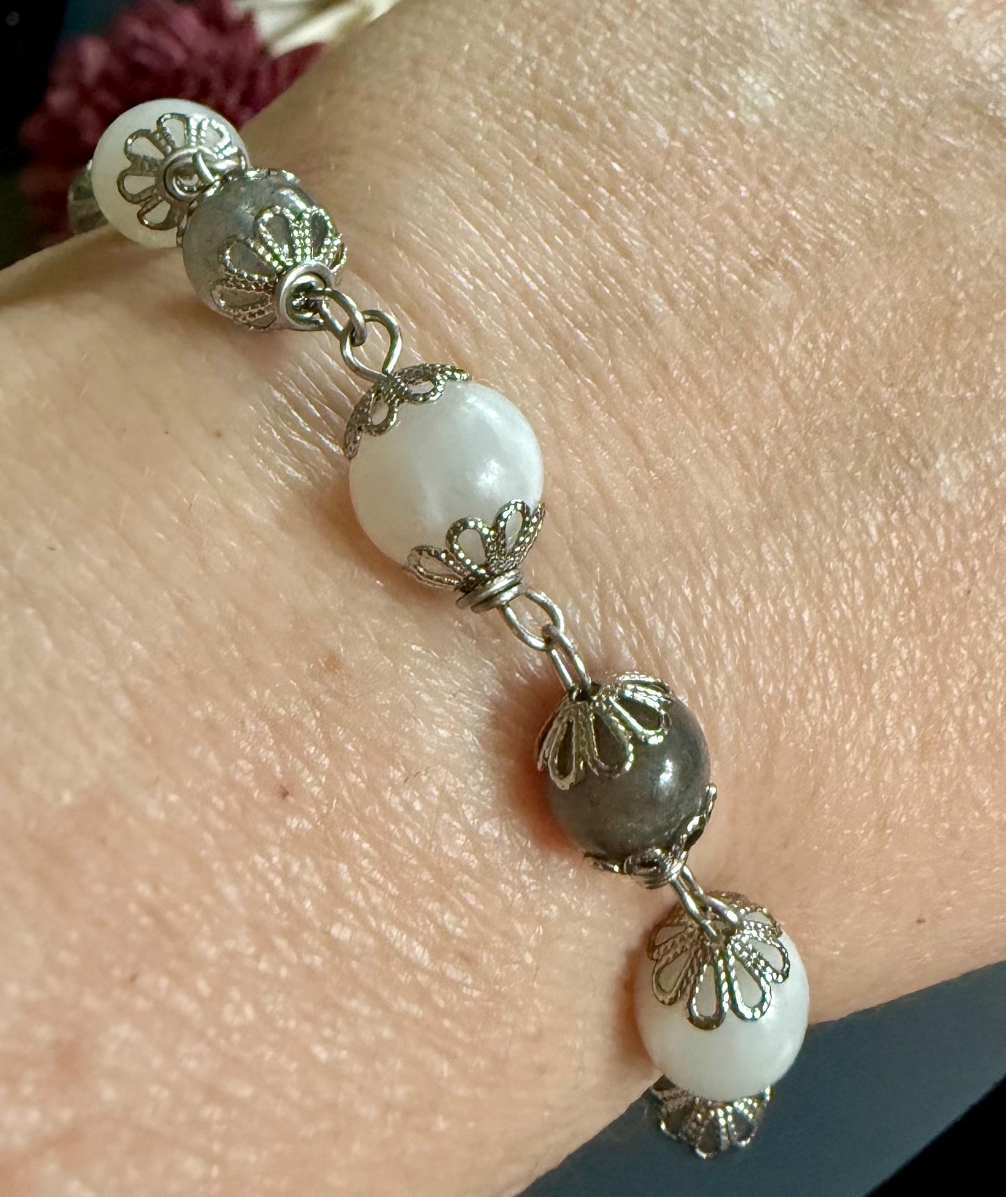 Labradorite Moonstone Witch’s Rosary:  Witch’s Knot Charm.