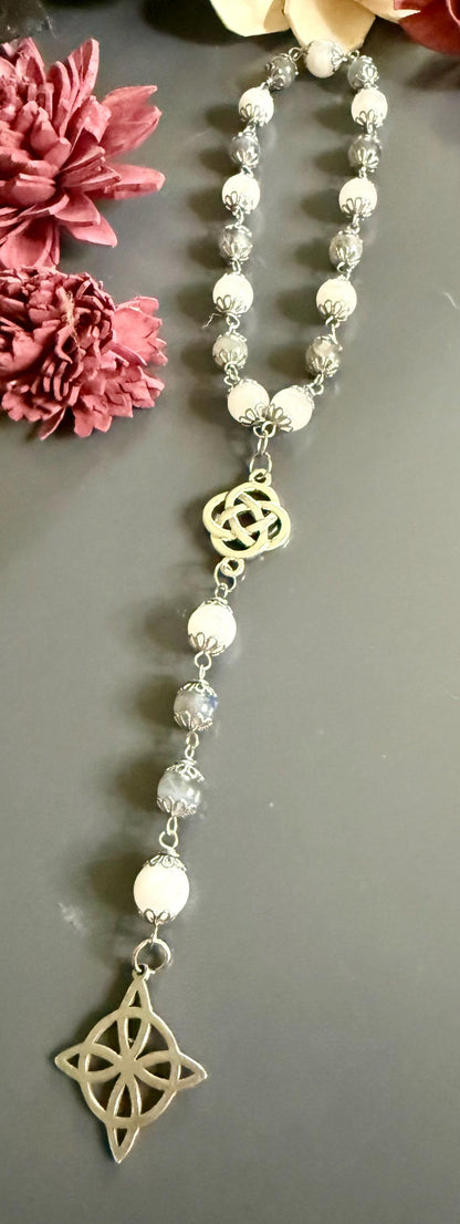 Labradorite Moonstone Witch’s Rosary:  Witch’s Knot Charm.