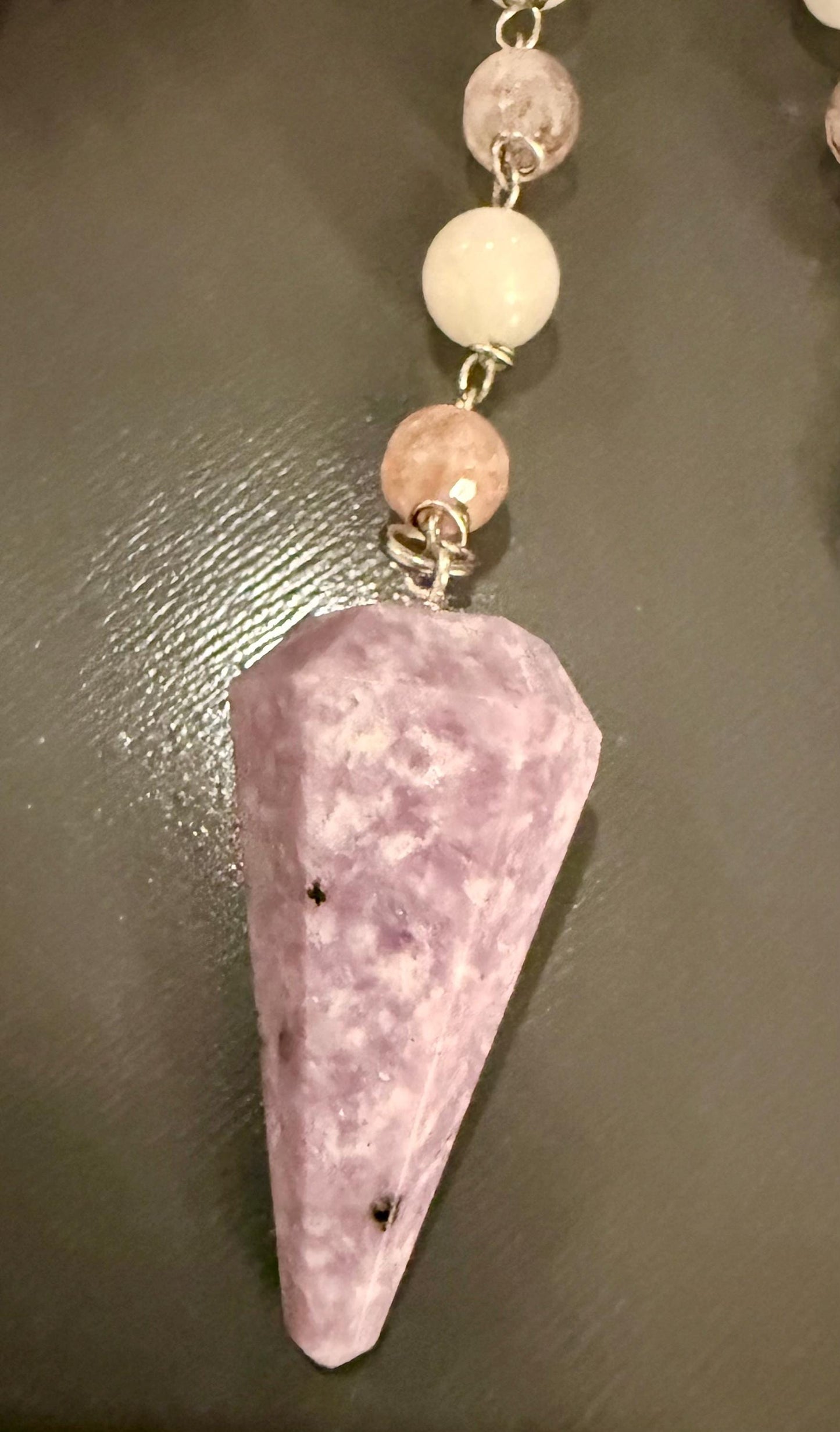 Handmade Lepidolite Pendulum with Stawberry Quartz, Moonstone Beads, and Moon Goddess Charm.
