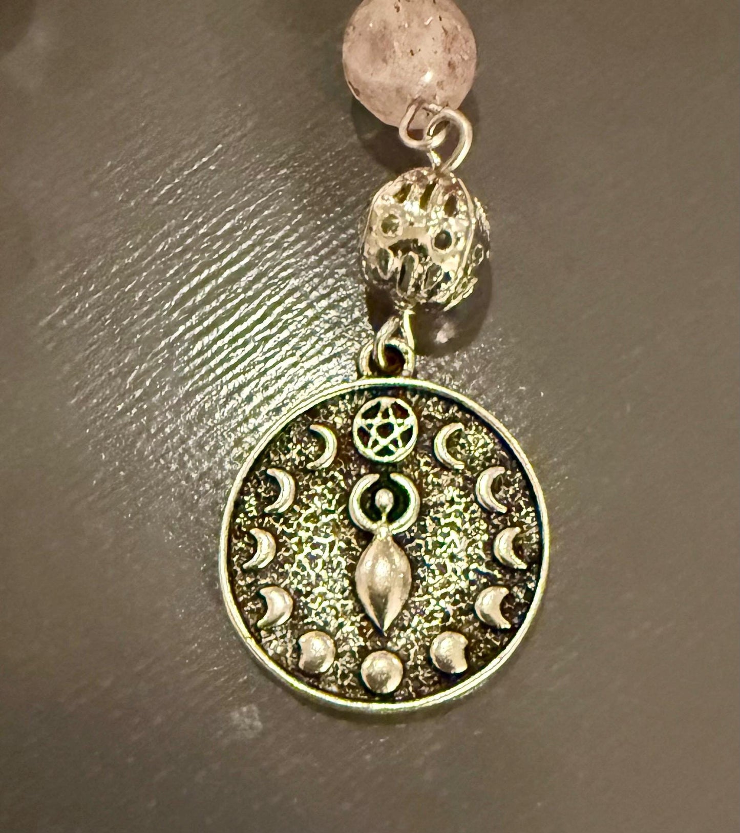 Handmade Lepidolite Pendulum with Stawberry Quartz, Moonstone Beads, and Moon Goddess Charm.