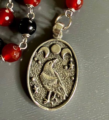 Witch’s Rosary with Carnelian, Obsidian, and Raven Charm.