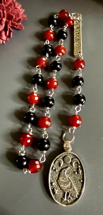 Witch’s Rosary with Carnelian, Obsidian, and Raven Charm.