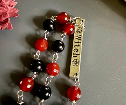 Witch’s Rosary with Carnelian, Obsidian, and Raven Charm.