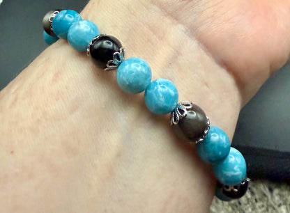 Blue Quartz and Obsidian Beaded Stretch Bracelet with Moon Phases Charm.